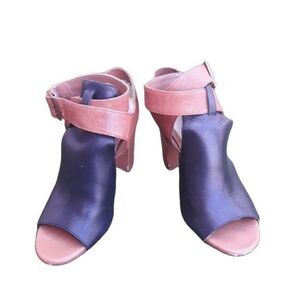 Gianni Bini Leather Heels Chunky 4" Thick Wrap Ankle Strap Black Tan Sz 8